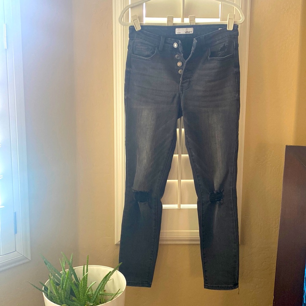 Distressed charcoal denim